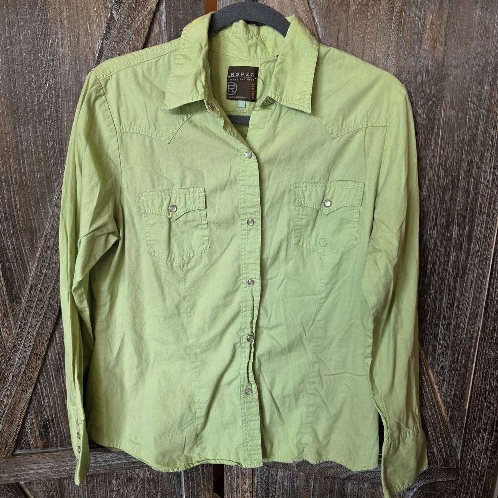 Roper Shirt Women's Size Large Light Green Snaps Long Sleeve Western Cowgirl